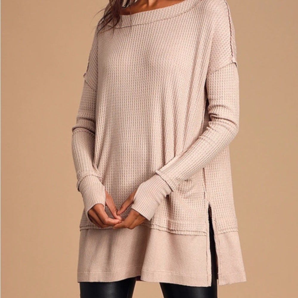 Free People Waffle Knit Sand Beige Long Sleeve Oversized Top - Size Medium
